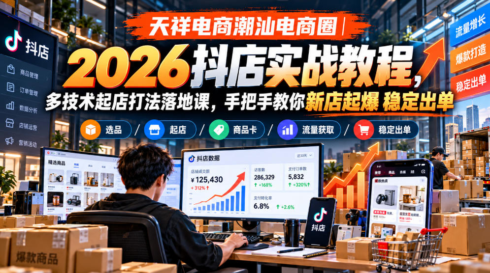天祥电商潮汕电商圈|2026抖店实战教程,多技术起店打法落地课,手把手教你新店起爆稳定出单
