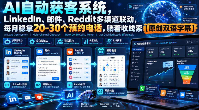 【无水印】AI自动获客系统，LinkedIn、邮件、Reddit多渠道联动，每月稳拿20-30个预约电话，躺着收线索【原创双语字幕】